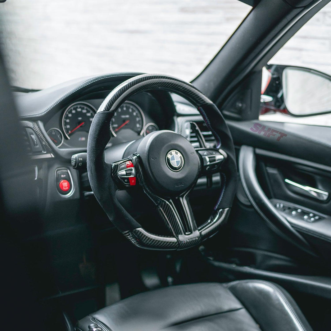 SHFT BMW F Series Flat Bottom Steering Wheel In Gloss Carbon Fibre & Alcantara