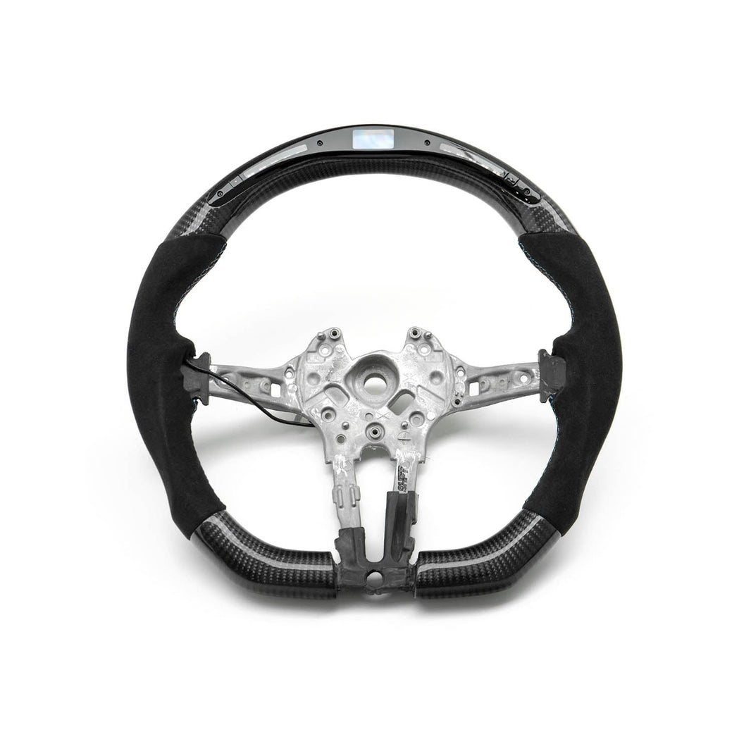 SHFT BMW F Series Flat Bottom Steering Wheel In Gloss Carbon Fibre & Alcantara With LED Race Display