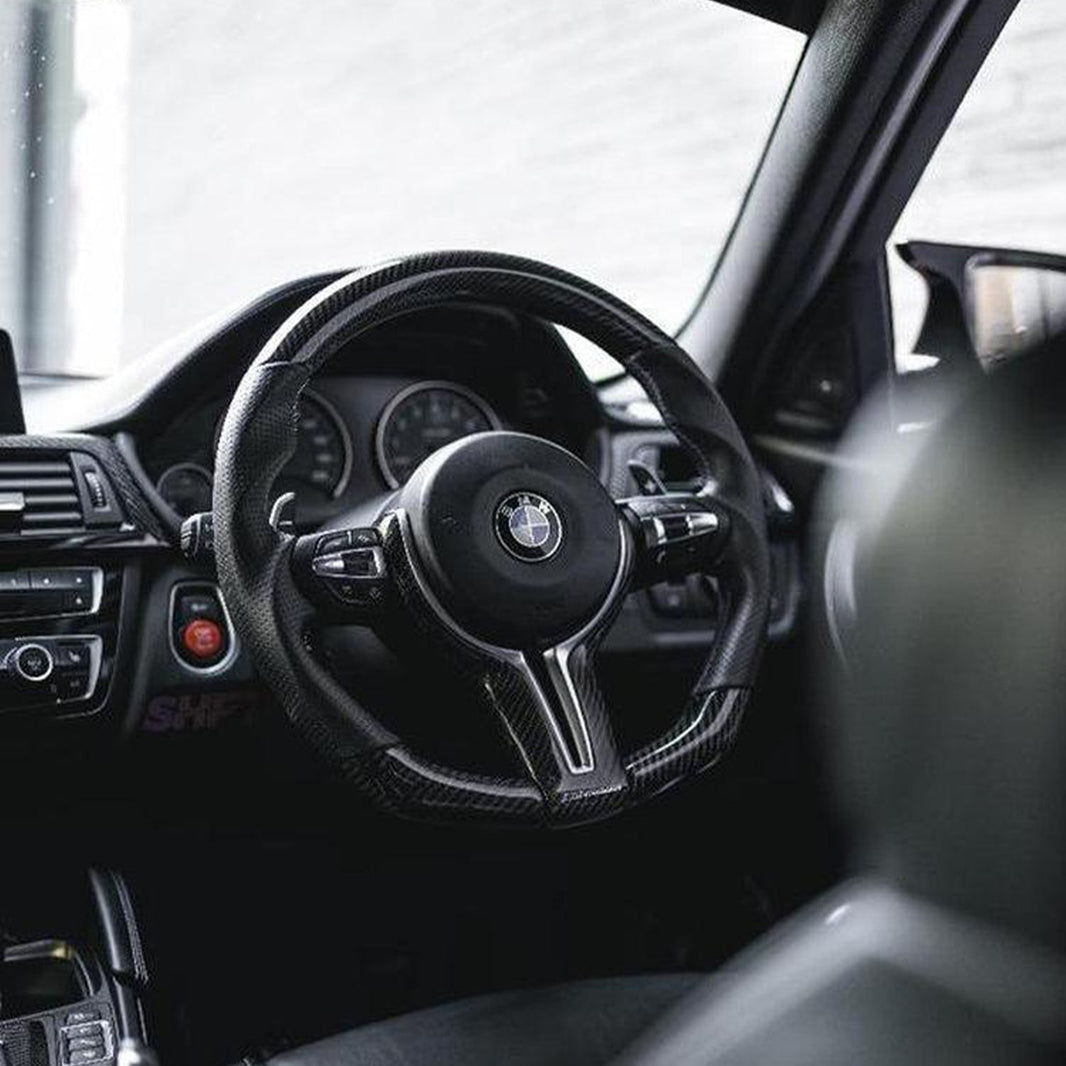 SHFT BMW F Series Flat Bottom Steering Wheel In Gloss Carbon & Perforated Leather