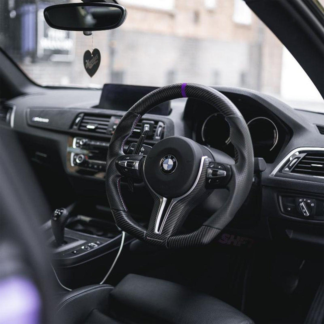 SHFT BMW F Series Flat Bottom Steering Wheel In Matte Carbon & Perforated Leather