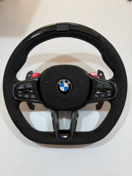 Aftermarket Alcantara with led screen steering wheel fits any BMW with any button configuration, with or without heating and driver assist. BMW LCI CS 840d 840i M850i G14 G15 G16 M5 M8 F90 F91 F92 F93