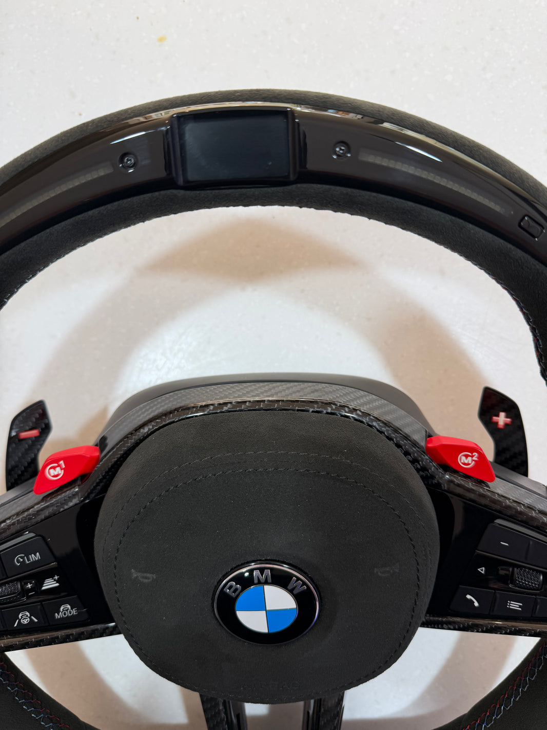 Aftermarket Alcantara with led screen steering wheel fits any BMW with any button configuration, with or without heating and driver assist. BMW LCI CS 840d 840i M850i G14 G15 G16 M5 M8 F90 F91 F92 F93