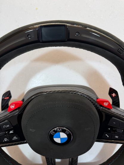 Aftermarket Alcantara with led screen steering wheel fits any BMW with any button configuration, with or without heating and driver assist. BMW LCI CS 840d 840i M850i G14 G15 G16 M5 M8 F90 F91 F92 F93