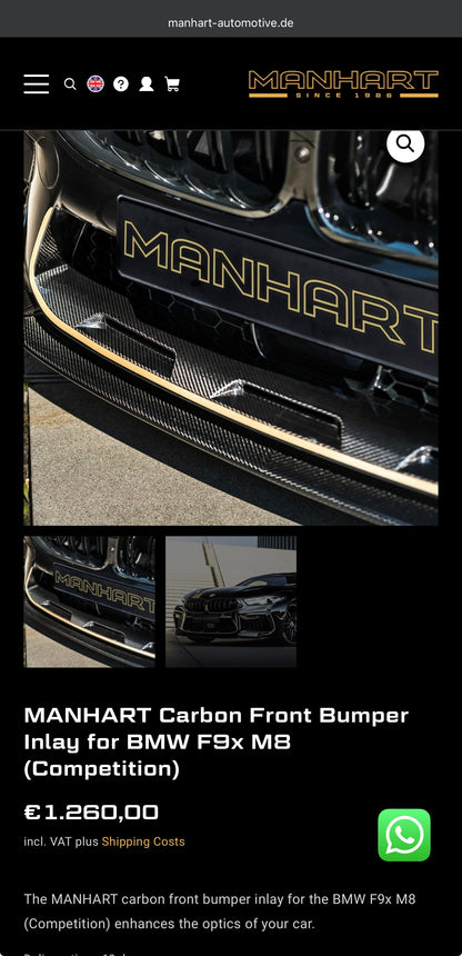BMW Front Bumper in-lay Manhart Style M8 F91 F92 F93 Dry Carbon fibre