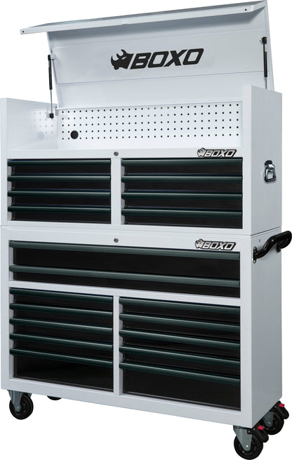 BOXO 53" 20 Drawer Toolbox Stack with Drawer Trim Pack - White Body with Trim Colour Options
