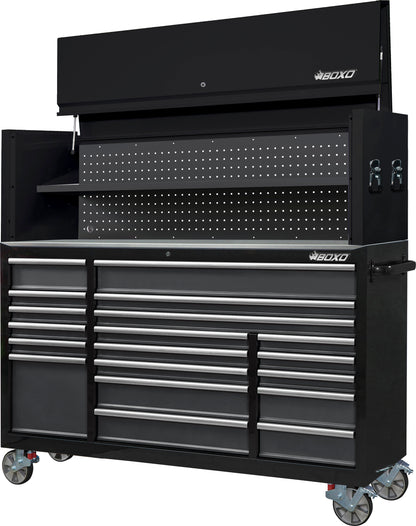 BOXO 72" 19 Drawer Roll Cabinet & Hutch with Drawer Trim Pack - Black Body & Trim Colour Options