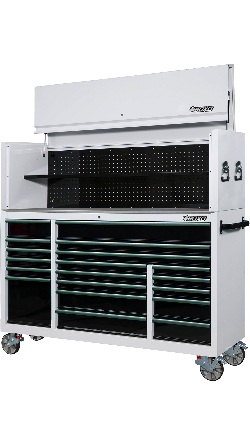 BOXO 72" 19 Drawer Roll Cabinet & Hutch with Drawer Trim Pack - White Body & Trim Colour Options