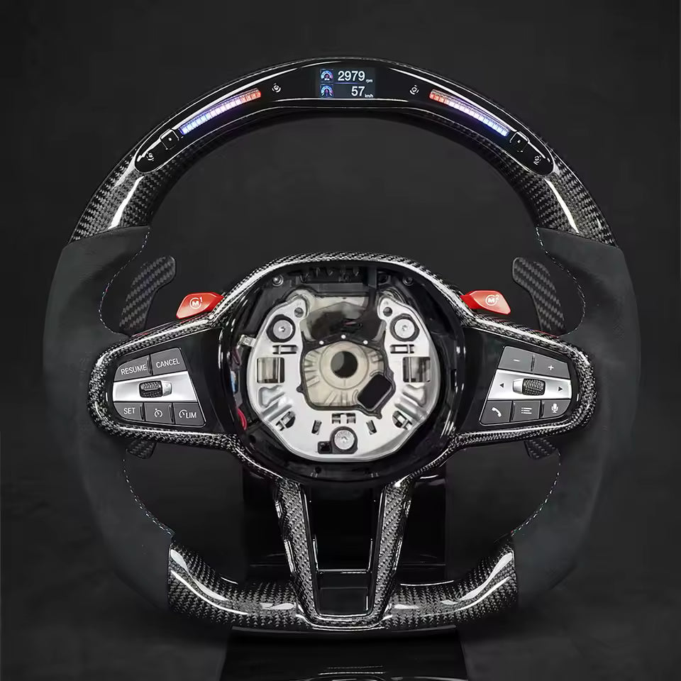 Aftermarket steering wheel fits any BMW with any button configuration, with or without heating and driver assist. BMW CS M4 G01 G02 G05 G06 G07 G30 G31 G32 G82 G42 G14 G20 G21 G80 G81 G22 G23 G26 X1 X3 X4 X5 X6 X3M X4M X5M X6M M3 M4 M5 M8 F90 F91 F92 F93