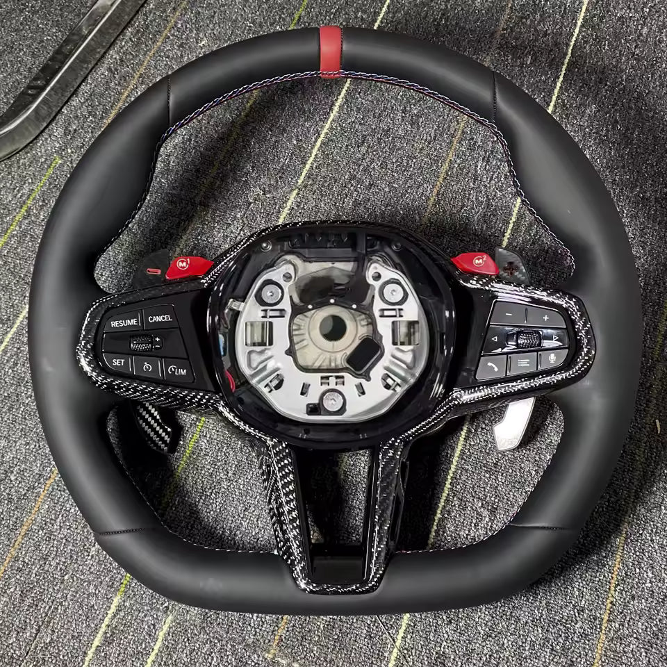 Aftermarket steering wheel fits any BMW with any button configuration, with or without heating and driver assist. BMW CS M4 G01 G02 G05 G06 G07 G30 G31 G32 G82 G42 G14 G20 G21 G80 G81 G22 G23 G26 X1 X3 X4 X5 X6 X3M X4M X5M X6M M3 M4 M5 M8 F90 F91 F92 F93