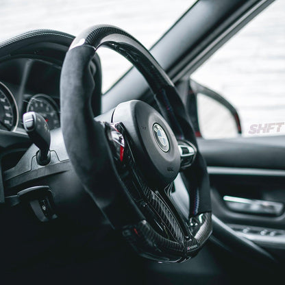SHFT BMW F Series Flat Bottom Steering Wheel In Gloss Carbon Fibre & Alcantara
