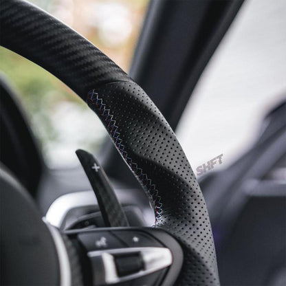 SHFT BMW F Series Flat Bottom Steering Wheel In Matte Carbon & Perforated Leather