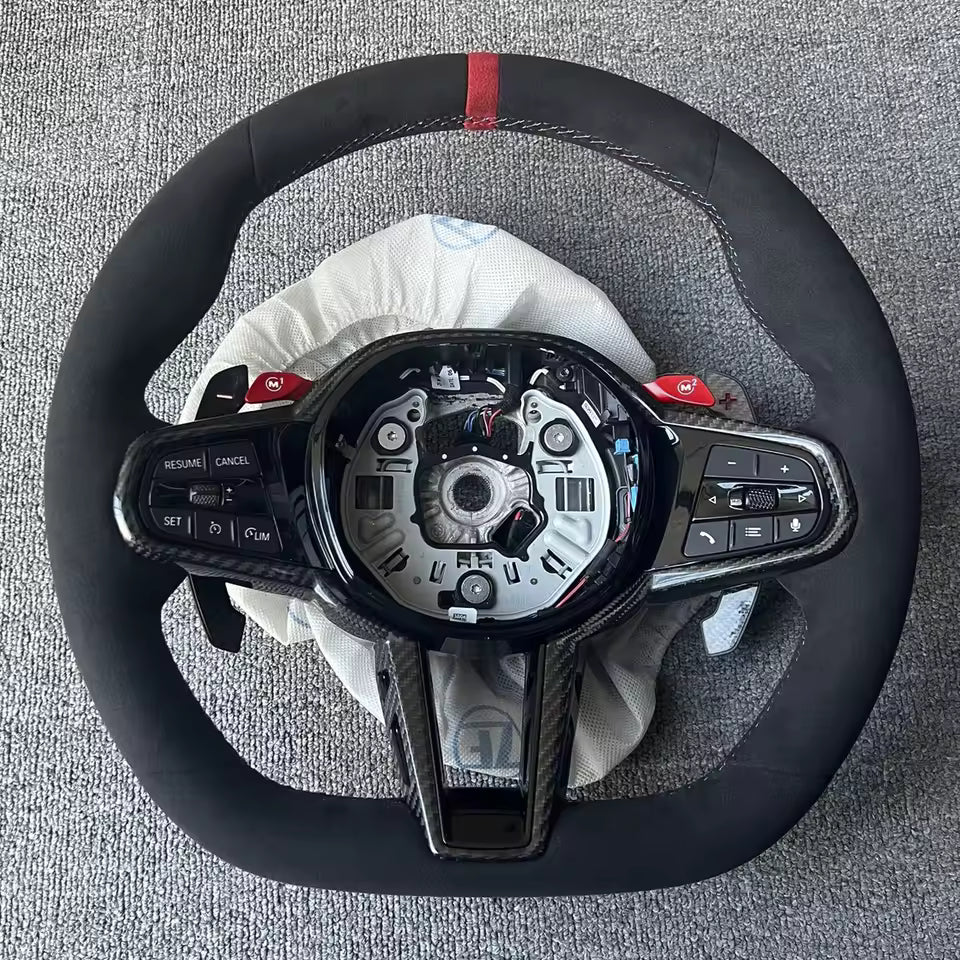 Aftermarket steering wheel fits any BMW with any button configuration, with or without heating and driver assist. BMW CS M4 G01 G02 G05 G06 G07 G30 G31 G32 G82 G42 G14 G20 G21 G80 G81 G22 G23 G26 X1 X3 X4 X5 X6 X3M X4M X5M X6M M3 M4 M5 M8 F90 F91 F92 F93