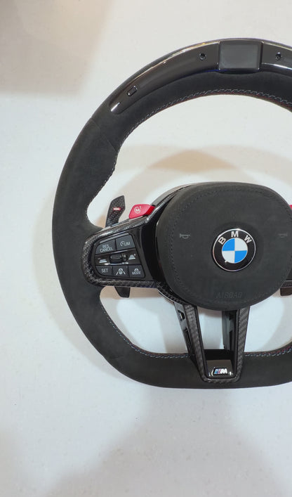 Aftermarket Alcantara with led screen steering wheel fits any BMW with any button configuration, with or without heating and driver assist. BMW LCI CS 840d 840i M850i G14 G15 G16 M5 M8 F90 F91 F92 F93